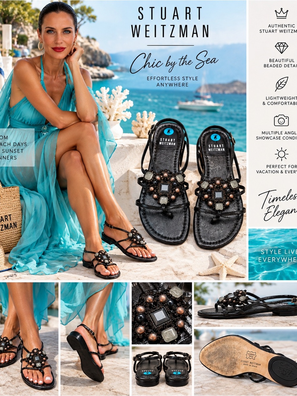 Stuart Weitzman Black Jeweled T-Strap Slide Sandals